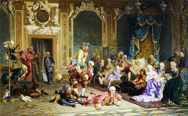 Шуты при дворе императрицы Анны Иоанновны. Худ. В.И. Якоби, 1872 г., Государственная Третьяковская галерея. У изголовья недомогающей императрицы – ее фаворит Э.И. Бирон. Две фигуры на диване справа - французский посол де ла-Шатарди и лейб-медик Лесток.