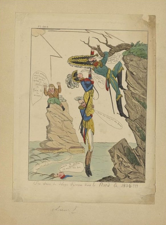 Карикатура на Александра I «Une scene du de'luge sur venu dans le Nord en 1806». Франция, нач. XIX в., ГИМ