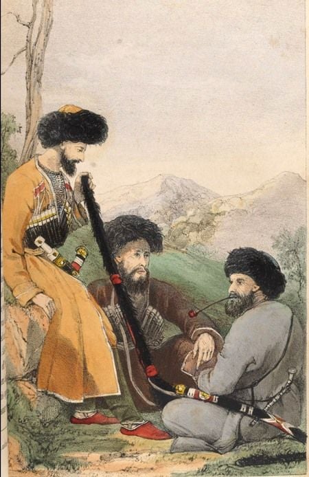 Обложка книги Д.С. Белла «Дневник проживания в Черкесии за 1837, 1838 и 1839 годы» и иллюстрации из нее. Лондон, 1840 г.