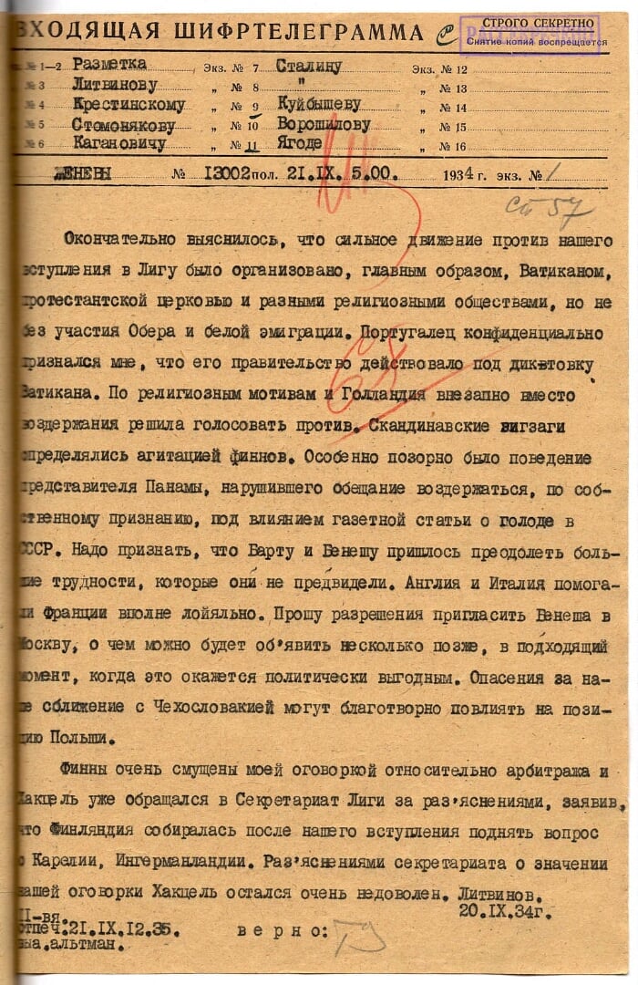 Шифротелеграмма наркома по иностранным делам СССР М.М. Литвинова в НКИД СССР об итогах голосования в Совете Лиги наций по вопросу о вступлении в Лигу СССР. 20 сентября 1934 г. АВП РФ