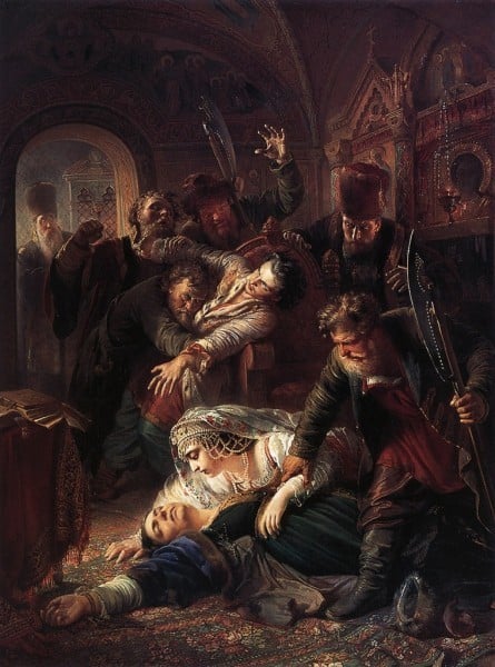Агенты Дмитрия Самозванца убивают сына Бориса Годунова. Худ. К.Е. Маковский, 1862, Государственная Третьяковская галерея