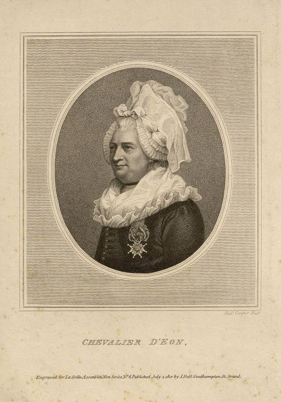 Шевалье д'Эон в женском платье. Худ. Р. Купер, гр. Дж. Белл, 1810 г., ГИМ. Слухи, распространяемые в нач. XIX в., приписывали вывоз из России копии «Завещания Петра Великого» шевалье д'Эону – известному французскому шпиону и авантюристу