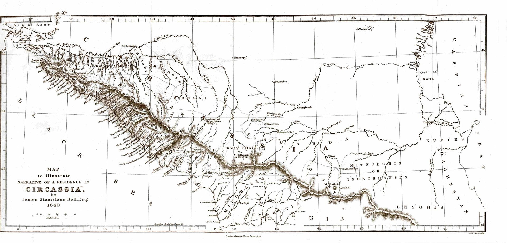 Карта Черкессии, составленная Джеймсом Станиславом Беллом. 1840 г.
