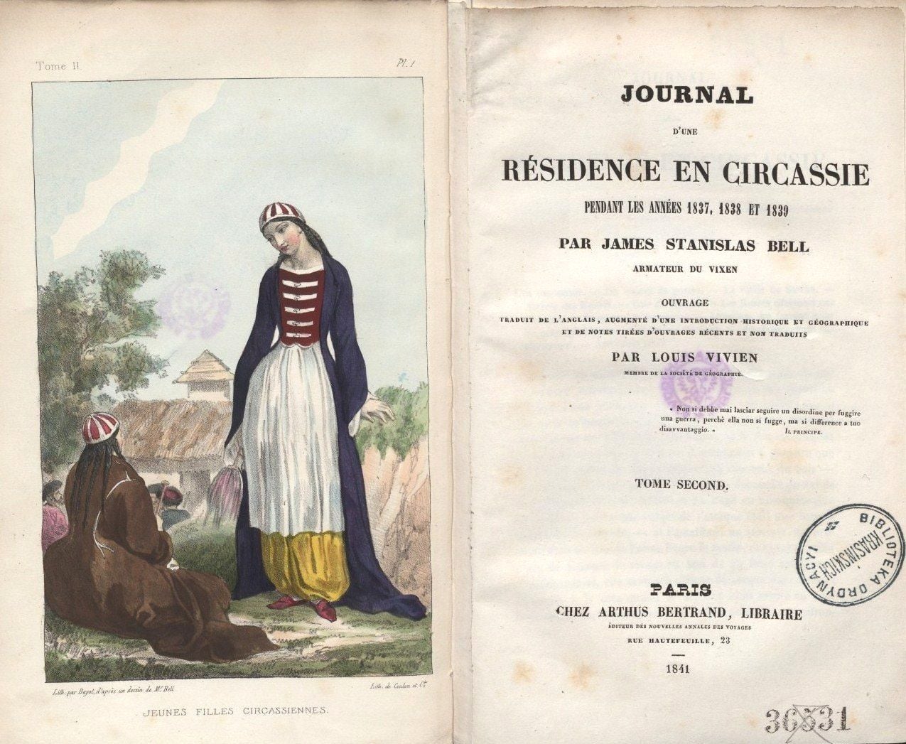 Обложка книги Д.С. Белла «Дневник проживания в Черкесии за 1837, 1838 и 1839 годы» и иллюстрации из нее. Лондон, 1840 г.